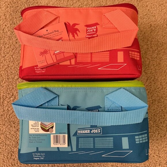 Trader Joe's Mini Insulated Tote Set of 2 Lunch Bags New Season Peach And Blue - Picture 1 of 9